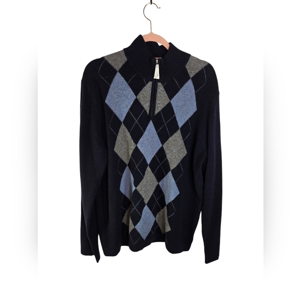 Harrison Davis 2 ply cashmere argyle blue 1/2 zip pullover sweater new